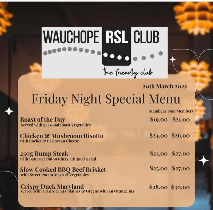 Featured image for “Friday Night Dinner Specials at Wauchope RSL – 20th March 2026”