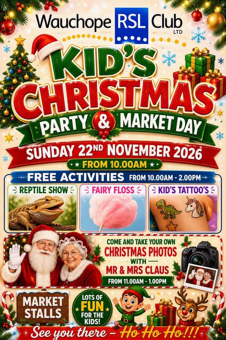 Featured image for “Kids Christmas Party & Market Day at Wauchope RSL”