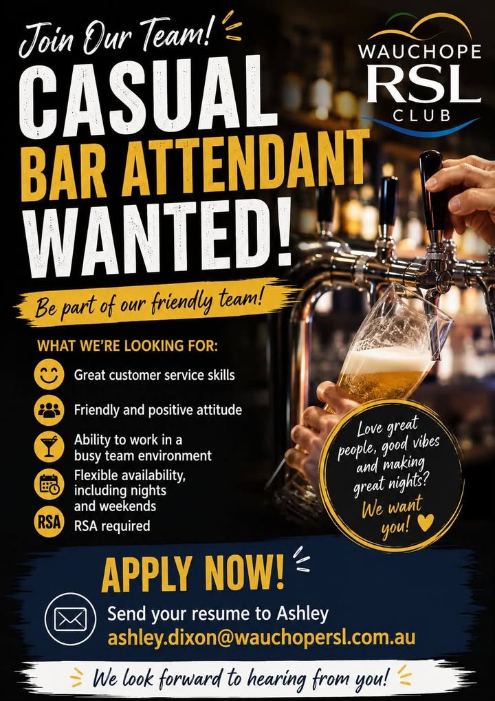 Featured image for “Casual Bar Attendant Wanted at Wauchope RSL Club”