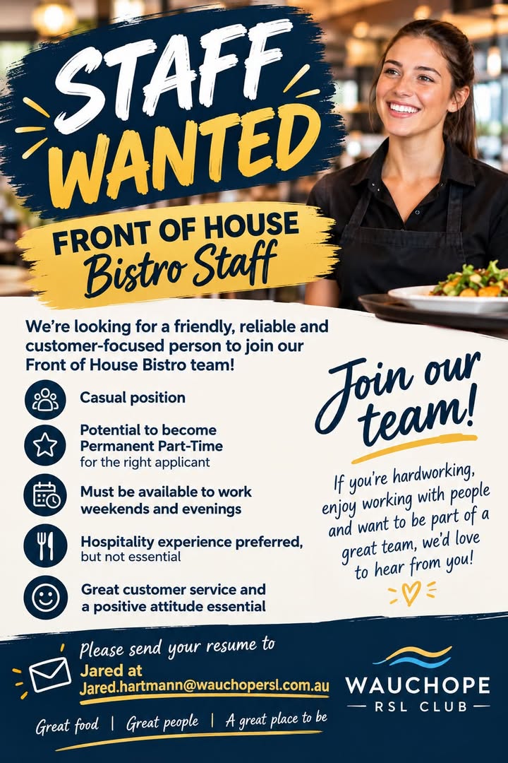 Featured image for “Front of House Bistro Staff Wanted at Wauchope RSL”